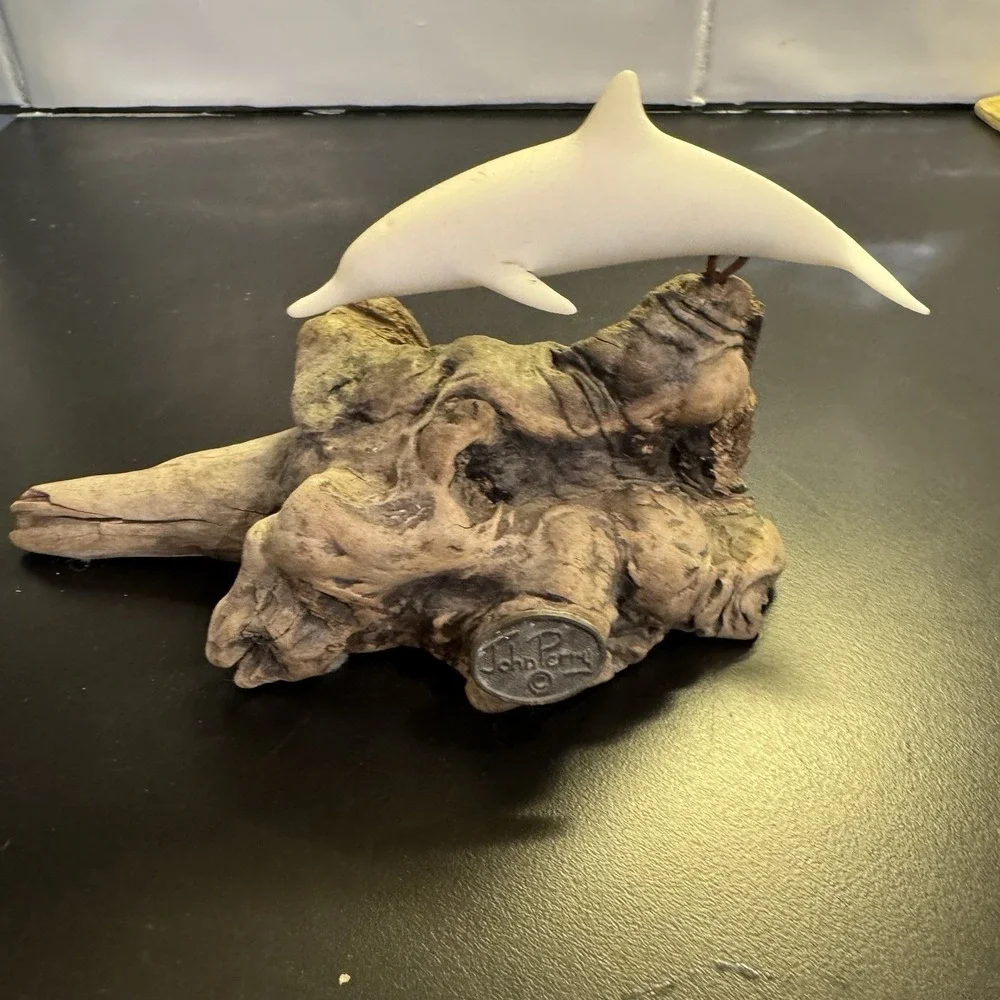 Vintage John‎ Perry Dolphin on Burl Wood Base Sculpture